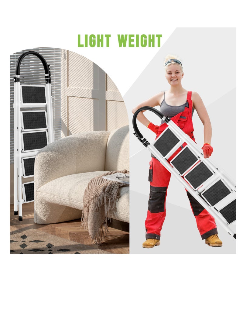 Bentifar - Sturdy 5-Step Folding Ladder with Tool Holder, Anti-Slip Pedal, Portable Iron Step Stool for Kitchen, Household, Indoor & Outdoor Use - Image 1