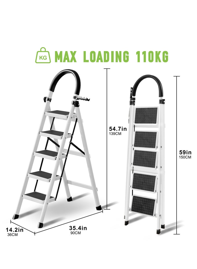 Bentifar - Sturdy 5-Step Folding Ladder with Tool Holder, Anti-Slip Pedal, Portable Iron Step Stool for Kitchen, Household, Indoor & Outdoor Use - Image 1