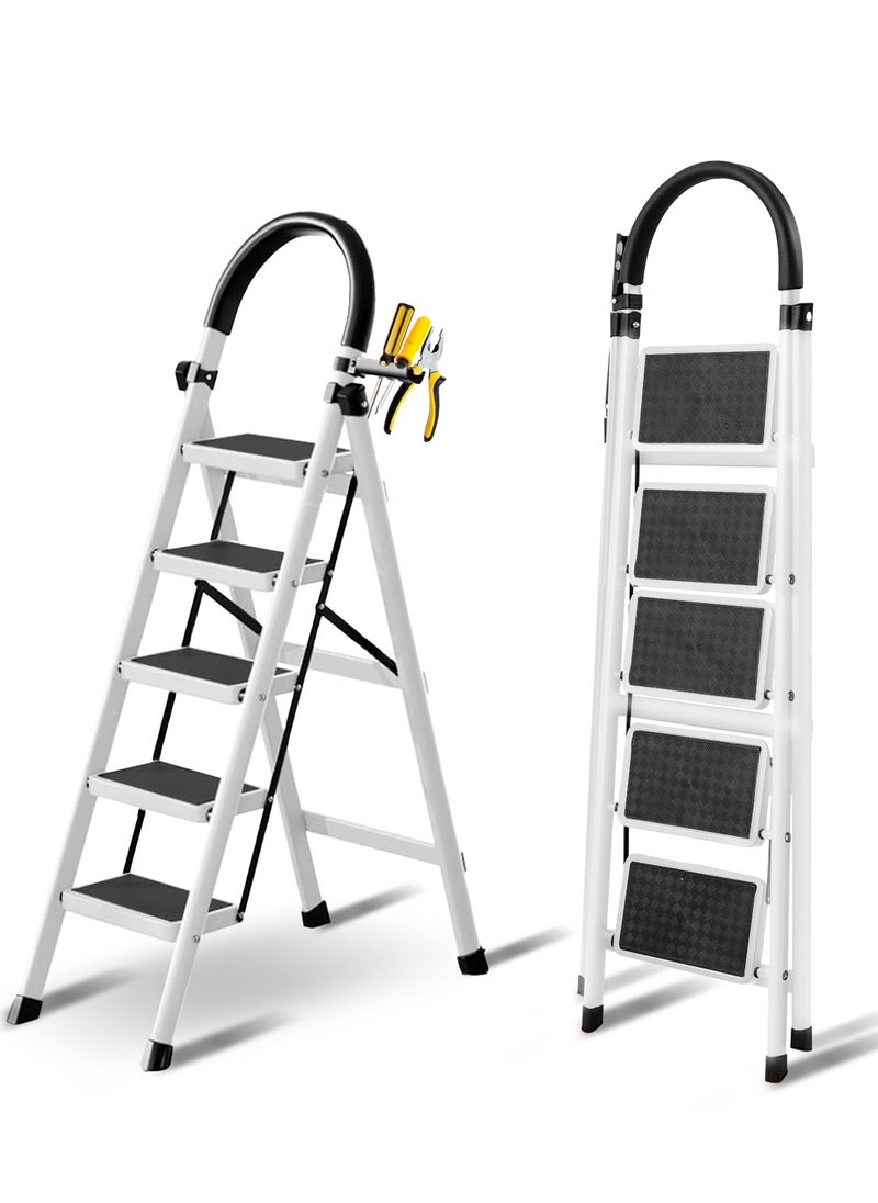 Bentifar - Sturdy 5-Step Folding Ladder with Tool Holder, Anti-Slip Pedal, Portable Iron Step Stool for Kitchen, Household, Indoor & Outdoor Use - Image 1