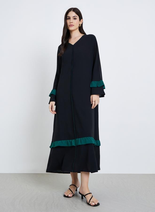 Styli Women Black Ruffled Detail Maxi Jalabiya - Image 3