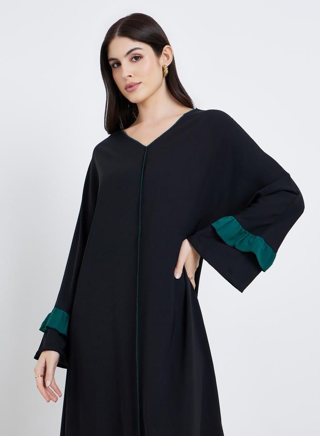Styli Women Black Ruffled Detail Maxi Jalabiya - Image 2