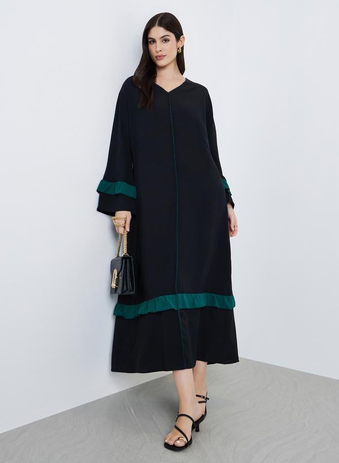 Styli Women Black Ruffled Detail Maxi Jalabiya - Image 1