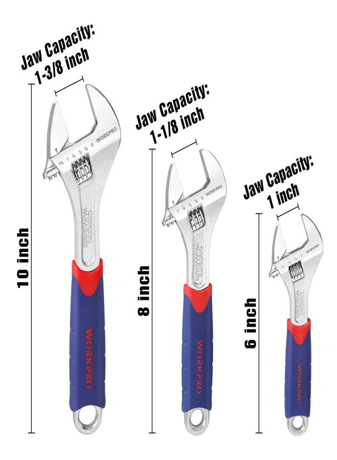 WORKPRO 3-piece Adjustable Wrench Set CR-V with Rubberized Anti-Slip Grips 10-inch, 8-inch, 6-inch - Image 2