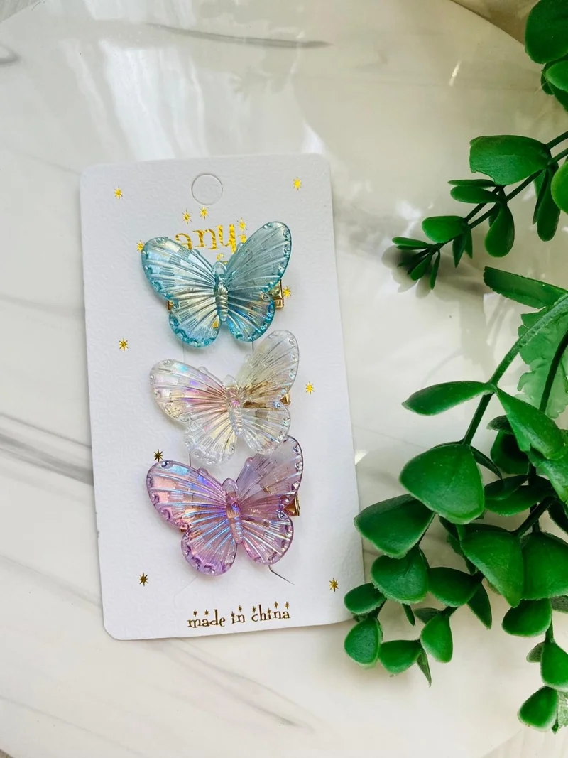 Uras Desing Shiny Acrylic Butterfly 3-Piece Pin Buckle Set