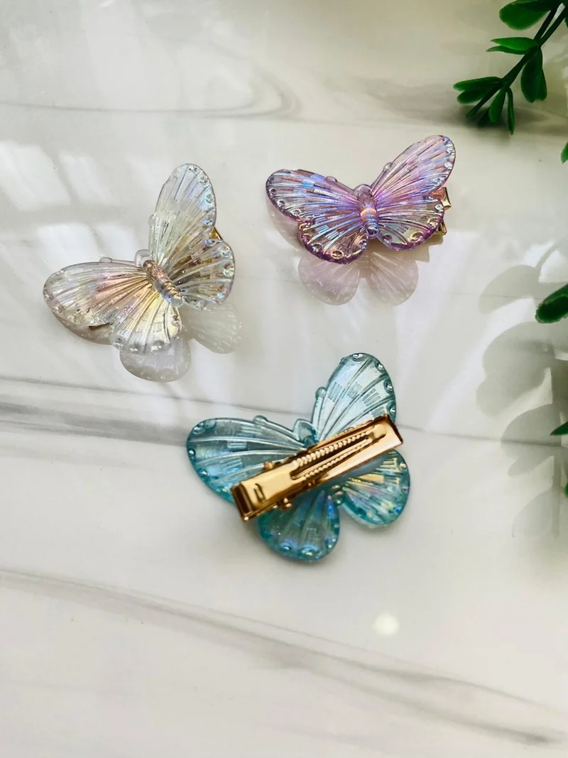 Uras Desing Shiny Acrylic Butterfly 3-Piece Pin Buckle Set