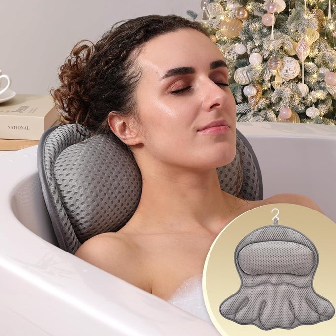 BATH PILLOW LUXURY BATHTUB PILLOW EXTRA SOFT COMFORTABLE BATH PILLOW FOR TUB HEAD NECK AND BACK SUPPORT WITH 4D AIR MESH CUSHIONS NONSLIP SUCTION CUPS GREAT BATH GIFTS GRAY
