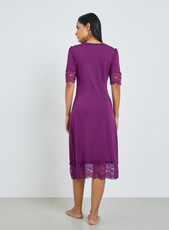 Styli Purple Lace Trim Bow Detail Nightdress - Image 4