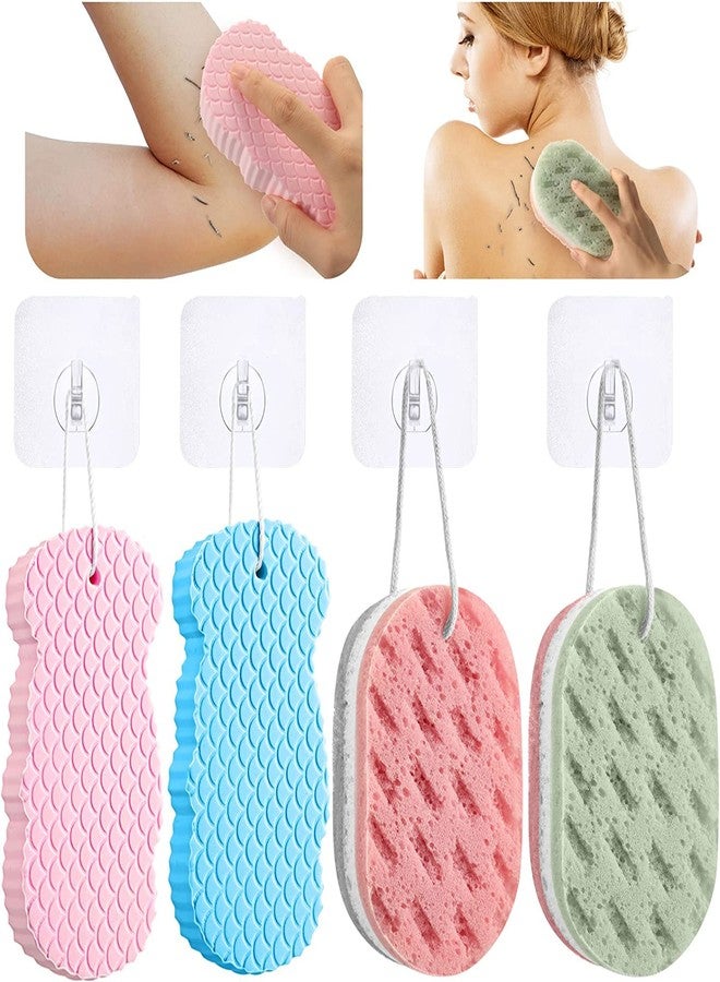 RRJ 4 Pcs Exfoliating Bath Sponge, Soft Exfoliating Bath Sponge 3D Bath Sponge Shower Brush Dead Skin Remover for Body Shower Sponge for Adults and Kids with 4 Self Adhesive Hook (Blue, Pink) - Image 1