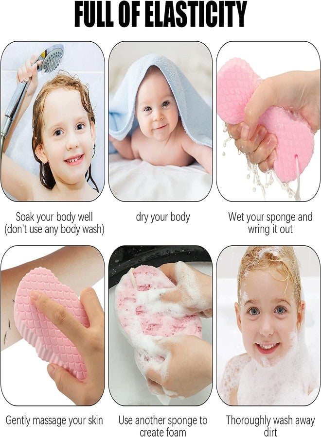 RRJ 4 Pcs Exfoliating Bath Sponge, Soft Exfoliating Bath Sponge 3D Bath Sponge Shower Brush Dead Skin Remover for Body Shower Sponge for Adults and Kids with 4 Self Adhesive Hook (Blue, Pink) - Image 4