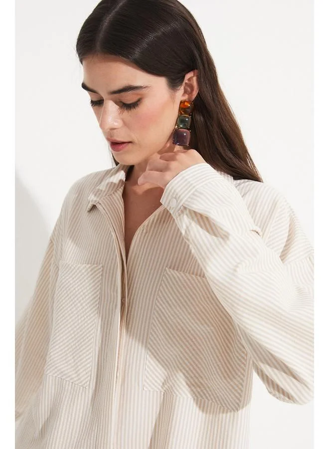 جون June Women Striped Woven  Pocket Detailed Shirt Stone