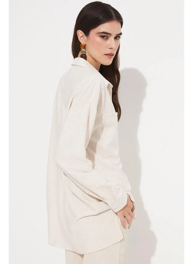 جون June Women Striped Woven  Pocket Detailed Shirt Stone