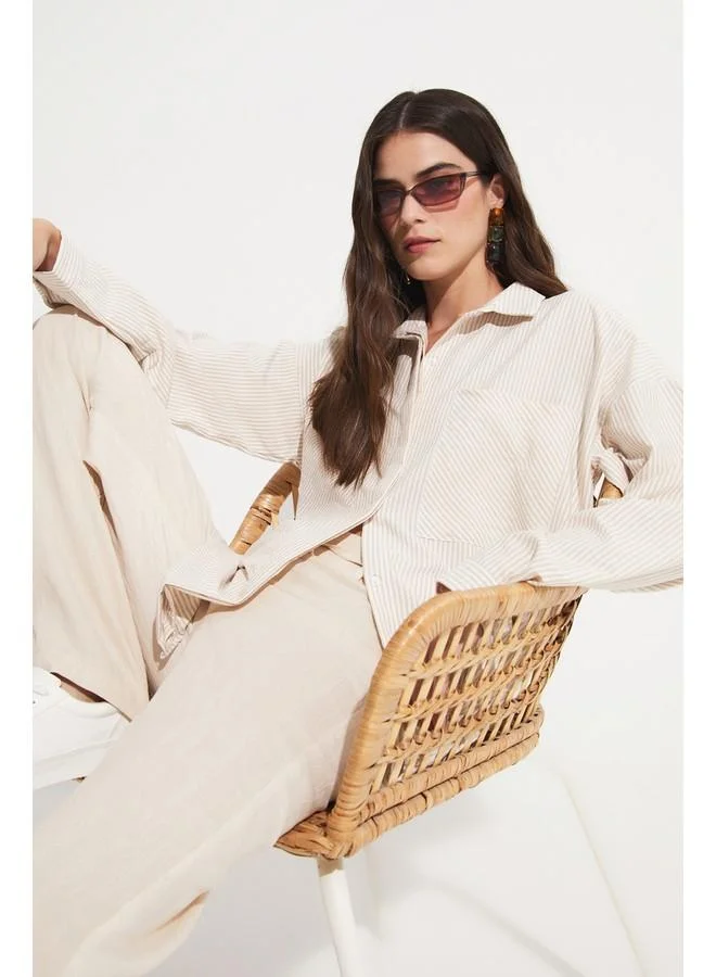 جون June Women Striped Woven  Pocket Detailed Shirt Stone