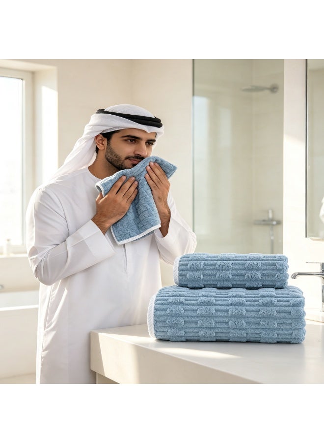 2 Piece Bath Towel Set, Microfiber Highly Absorbent Soft Quick Dry Towels, Premium Embossed Checkered Bathroom Towels for Home Daily Use, Light Blue - Image 4