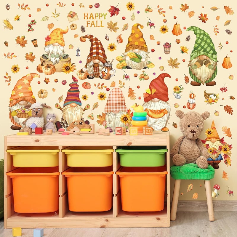 Whaline Fall Wall Stickers Watercolor Gnomes Wall Art Decals Colorful Maple Leaves Pumpkin Sunflower SelfAdhesive Wallpaper Stickers for Bedroom TV Wall Baby Nursery Autumn Party Decoration 9 Sheet - Image 4