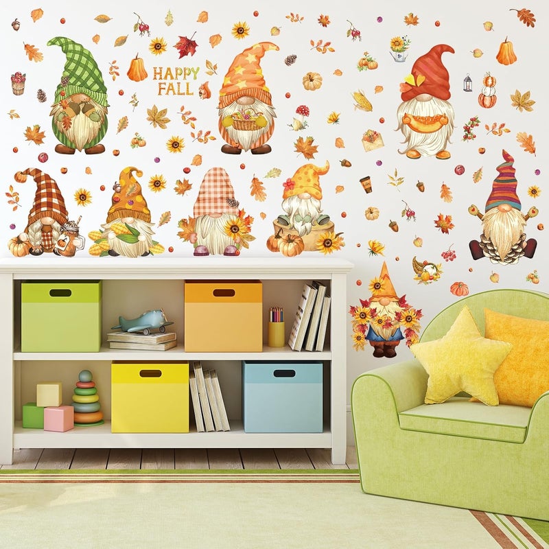 Whaline Fall Wall Stickers Watercolor Gnomes Wall Art Decals Colorful Maple Leaves Pumpkin Sunflower SelfAdhesive Wallpaper Stickers for Bedroom TV Wall Baby Nursery Autumn Party Decoration 9 Sheet - Image 2