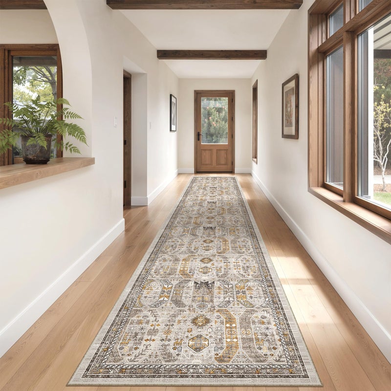 Madane Hallway Runner Rug 2'6''x14' Kitchen Runner, Non Slip Vintage Runners for Hallways Washable Kitchen Rugs Soft Low Pile 2.5x14 ft Rug Runner for Laundry Room, Entryway and Bedroom, Brown/Gold - Image 4