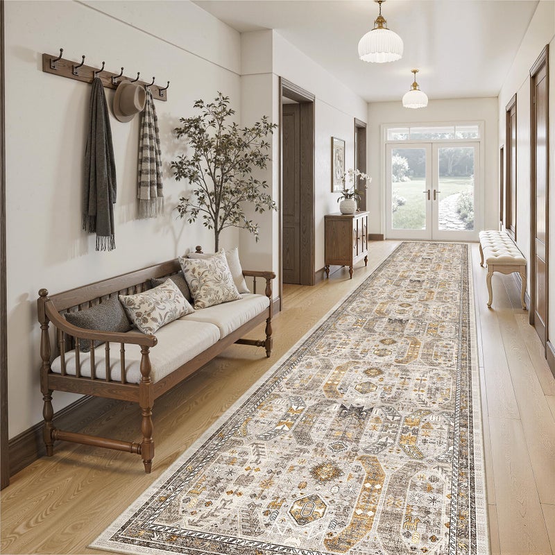 Madane Hallway Runner Rug 2'6''x14' Kitchen Runner, Non Slip Vintage Runners for Hallways Washable Kitchen Rugs Soft Low Pile 2.5x14 ft Rug Runner for Laundry Room, Entryway and Bedroom, Brown/Gold - Image 1