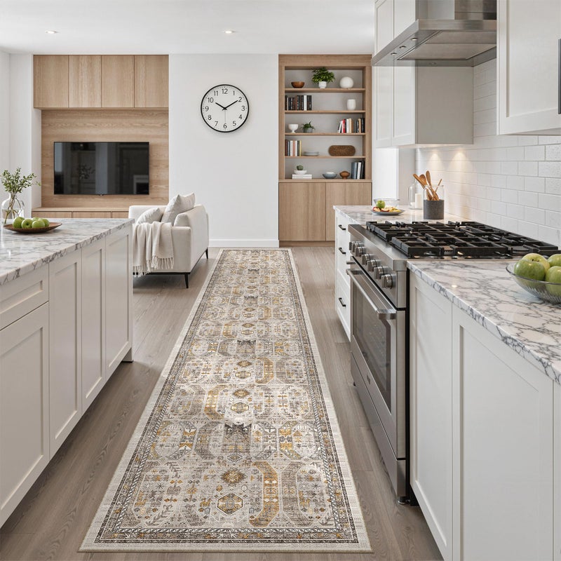 Madane Hallway Runner Rug 2'6''x14' Kitchen Runner, Non Slip Vintage Runners for Hallways Washable Kitchen Rugs Soft Low Pile 2.5x14 ft Rug Runner for Laundry Room, Entryway and Bedroom, Brown/Gold - Image 2