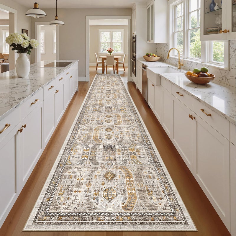 Madane Hallway Runner Rug 2'6''x14' Kitchen Runner, Non Slip Vintage Runners for Hallways Washable Kitchen Rugs Soft Low Pile 2.5x14 ft Rug Runner for Laundry Room, Entryway and Bedroom, Brown/Gold - Image 3