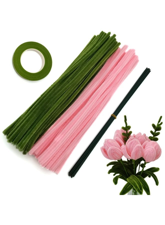 200Pcs Pink OliveGreen Pipe Cleaners Set with Floral Wires & Gardening Tape, Chenille Stems Pipecleaners for Tulip Bouquet Making - Image 1