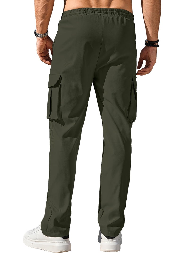 Comdecevis Men's Casual Cargo Pants Workout Joggers Stretch Sweatpants Hiking Drawstring Tactical Pants with Multi Pockets Army Green - Image 4