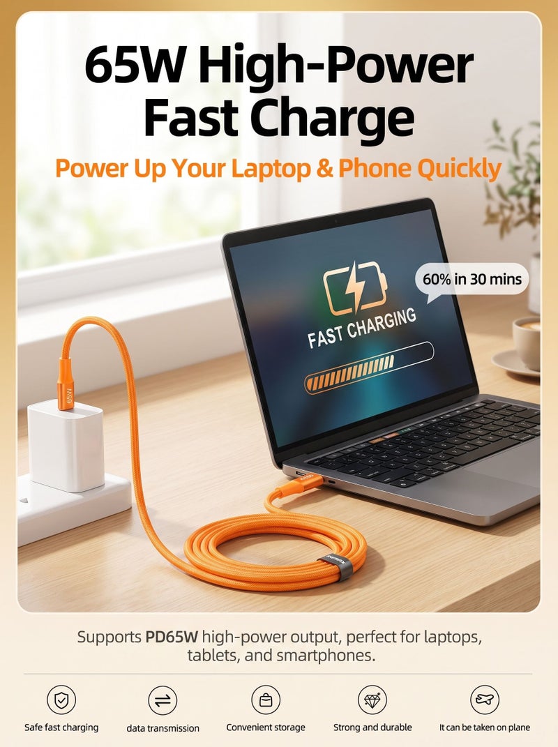 ريماكس كابل ريمكس USB-C إلى USB-C بطول 1.2 متر، لون برتقالي مع تصميم ذيل شبكي طويل، سلك مضفر للشحن السريع بقدرة 65 واط | نقل بيانات بسرعة 480 ميجابت/ثانية، مصنوع من سبيكة الألمنيوم والمضفر لجهاز ماك بوك، آيفون، آيباد، سامسونغ، هواوي، شاومي وغيرها - Image 4