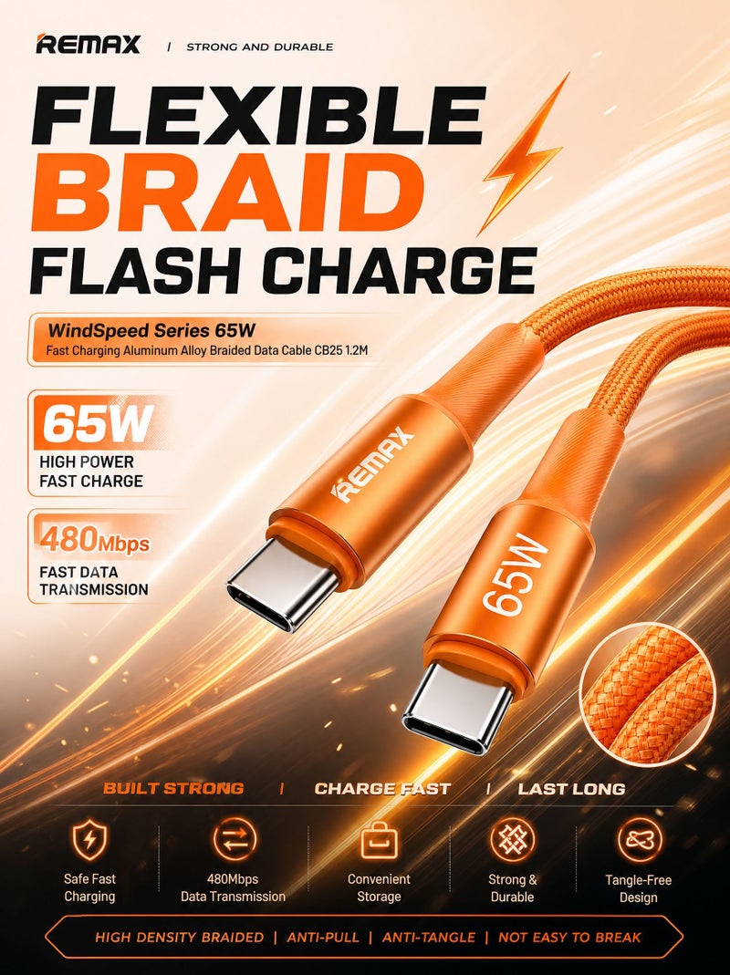 ريماكس كابل ريمكس USB-C إلى USB-C بطول 1.2 متر، لون برتقالي مع تصميم ذيل شبكي طويل، سلك مضفر للشحن السريع بقدرة 65 واط | نقل بيانات بسرعة 480 ميجابت/ثانية، مصنوع من سبيكة الألمنيوم والمضفر لجهاز ماك بوك، آيفون، آيباد، سامسونغ، هواوي، شاومي وغيرها - Image 1