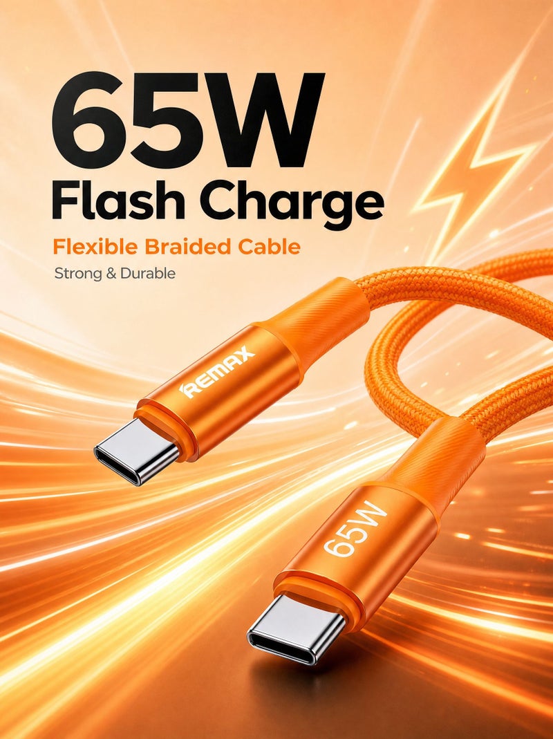 ريماكس كابل ريمكس USB-C إلى USB-C بطول 1.2 متر، لون برتقالي مع تصميم ذيل شبكي طويل، سلك مضفر للشحن السريع بقدرة 65 واط | نقل بيانات بسرعة 480 ميجابت/ثانية، مصنوع من سبيكة الألمنيوم والمضفر لجهاز ماك بوك، آيفون، آيباد، سامسونغ، هواوي، شاومي وغيرها - Image 3