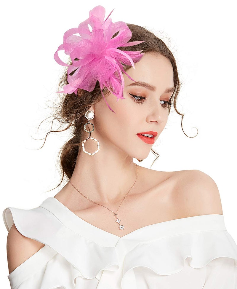 ZX Z&X Women Feather Fascinator Wedding Tea Party Hair Clip Brooch Bridal Headpiece Pink - Image 1