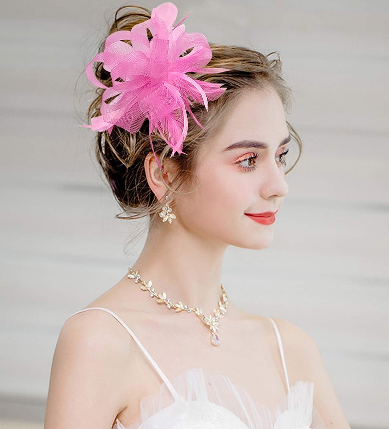 ZX Z&X Women Feather Fascinator Wedding Tea Party Hair Clip Brooch Bridal Headpiece Pink - Image 5