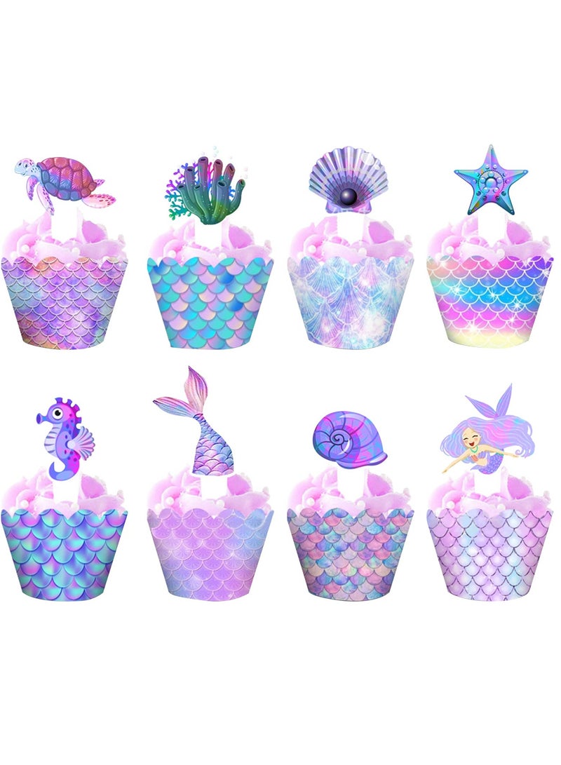 Zikra 24-Piece Mermaid Cupcake Toppers and Wrappers Set - Adorable Mermaid Tail Decorations for Under the Sea Theme Parties and Baby Showers - Image 4