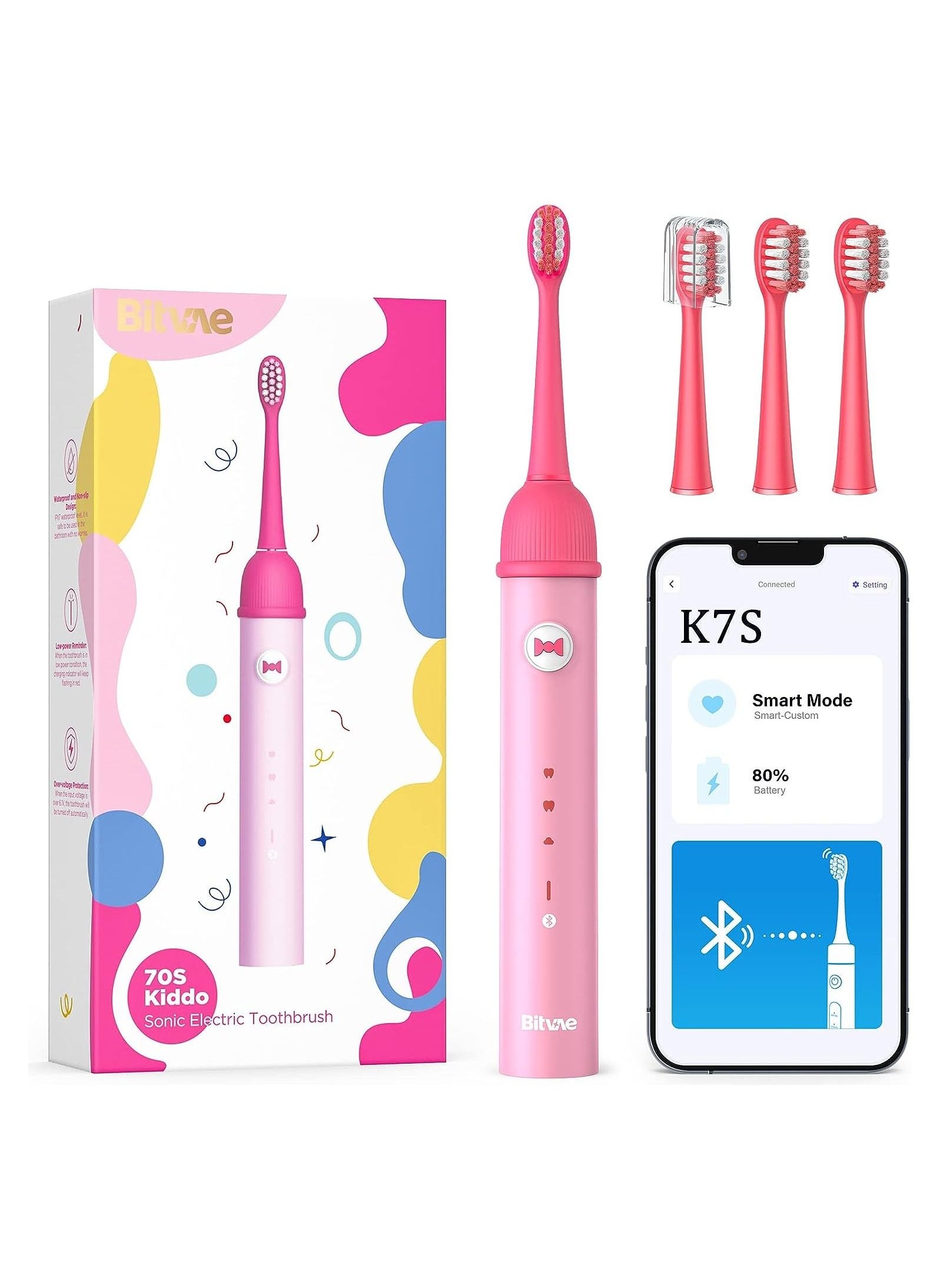 K7S Kids Electric Toothbrush for Age 4+, Rechargeable Power Toothbrush with Pressure Sensor, Bluetooth Kids Toothbrush Boys and Girls, 3 Modes, 2Mins Smartimer 