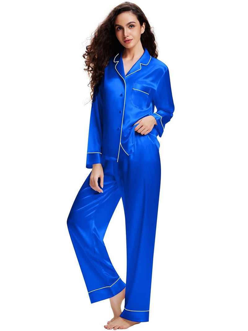 Womens Silk Satin Pajamas Set Sleepwear Loungewear Invy S Royal Blue