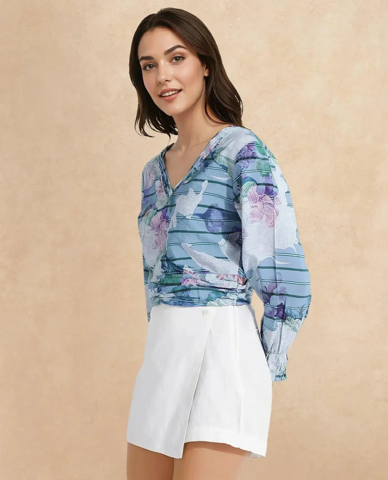 Rareism Women's V-Neck Crop Top With Striped Floral Print