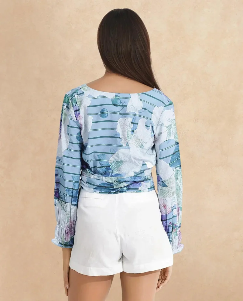 Rareism Women's V-Neck Crop Top With Striped Floral Print