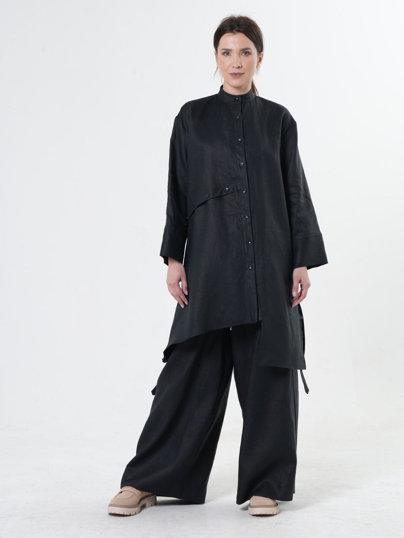 Metamorphoza Long Linen Shirt In Black - Image 1