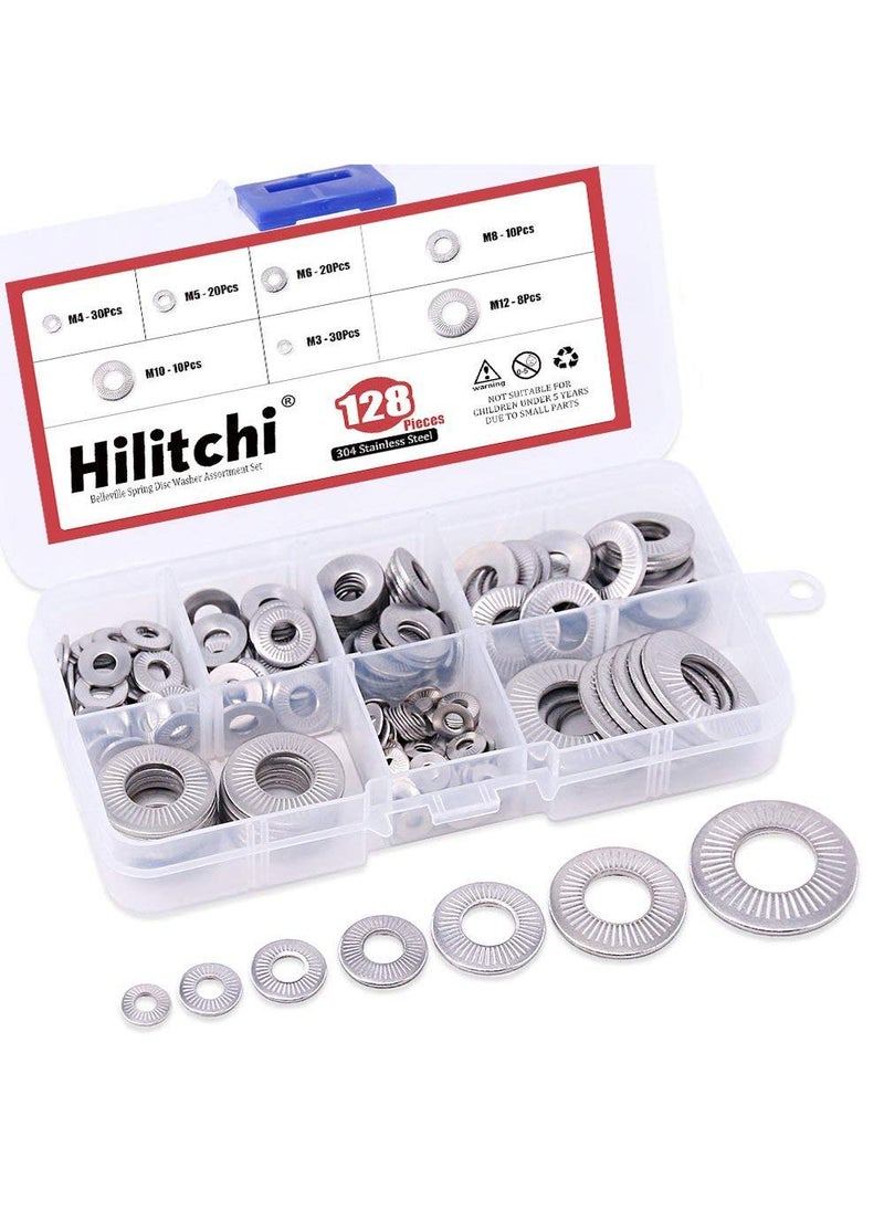 Hilitchi Hilitchi 128-Pcs [M3 - M12] Stainless Steel Washers Metric 304 Stainless Steel Belleville Spring Disc Washer Assortment Set  - Image 1