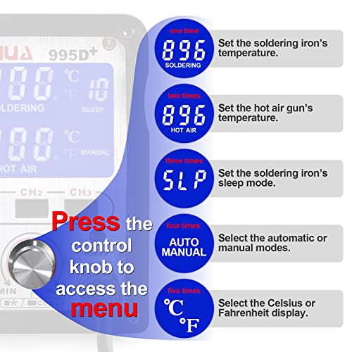 YIHUA 995D+ 2 in 1 Hot Air Rework and Soldering Iron Station with 3 Memories, Large LCD Screen Display, Cool/Hot Air Conversion, Sleep Mode, F /C - Image 3
