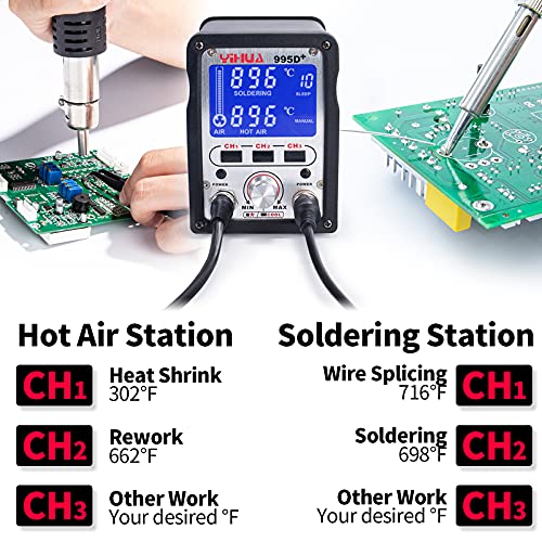 YIHUA 995D+ 2 in 1 Hot Air Rework and Soldering Iron Station with 3 Memories, Large LCD Screen Display, Cool/Hot Air Conversion, Sleep Mode, F /C - Image 2