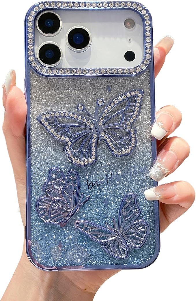 Elzzi Electroplated Butterfly Phone Cover for iPhone 17 Pro Case, Showcasing Pearlescent Diamond Soft TPU, Camera Protection, Shockproof, Dropresistant Stylish for Girls & Women (Blue) - Image 1