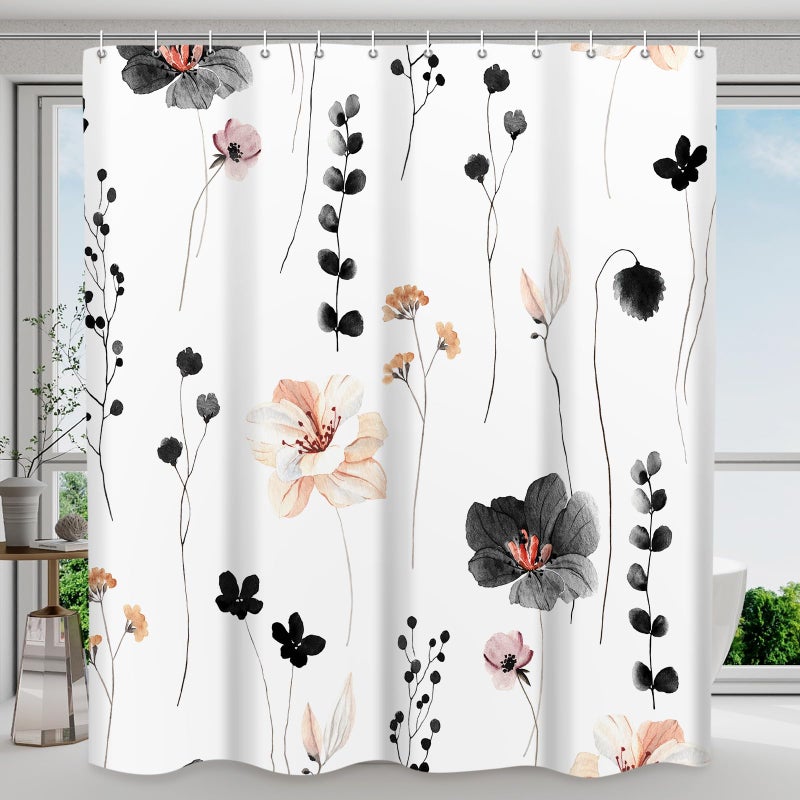 WITHLOC Waterproof Shower Curtain Set with Hooks - Watercolor Black Floral Plant Shower Curtains for Bathroom, 72 x 72 - Image 1