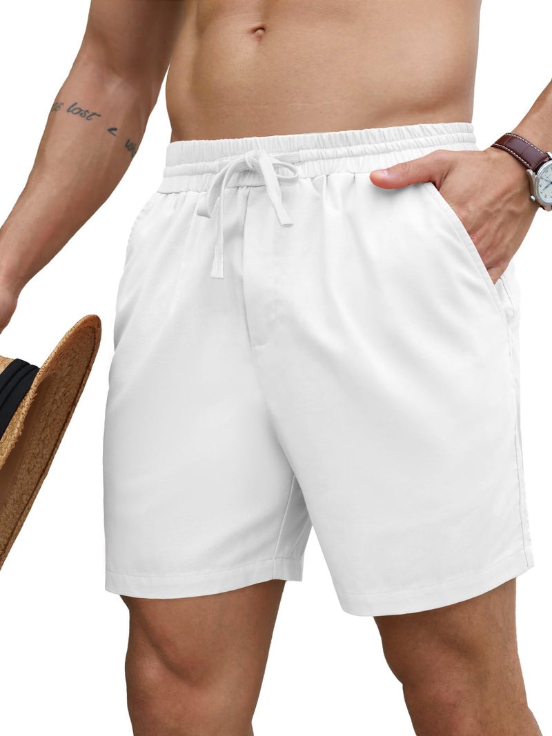 PLEPAN Mens 5 Inch Linen Shorts - Casual Elastic Waist Drawstring Summer Beach Shorts with Pocket White Medium - Image 1