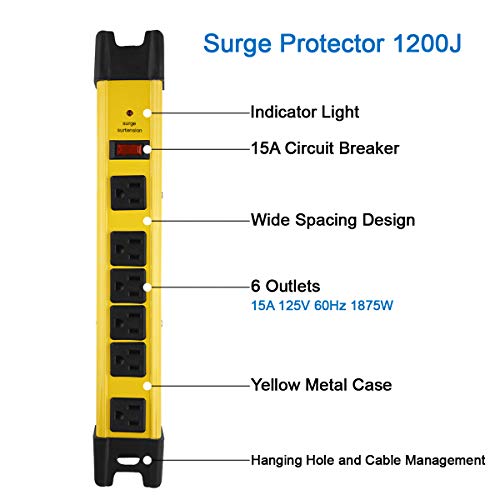 CCCEI Heavy Duty Power Strip Surge Protector with 15A, 6 Plug Industrial Shop Workshop Garden Metal Multiple Outlets, 6FT Extension Cord 1200 Joules ETL Listed, Yellow - Image 2