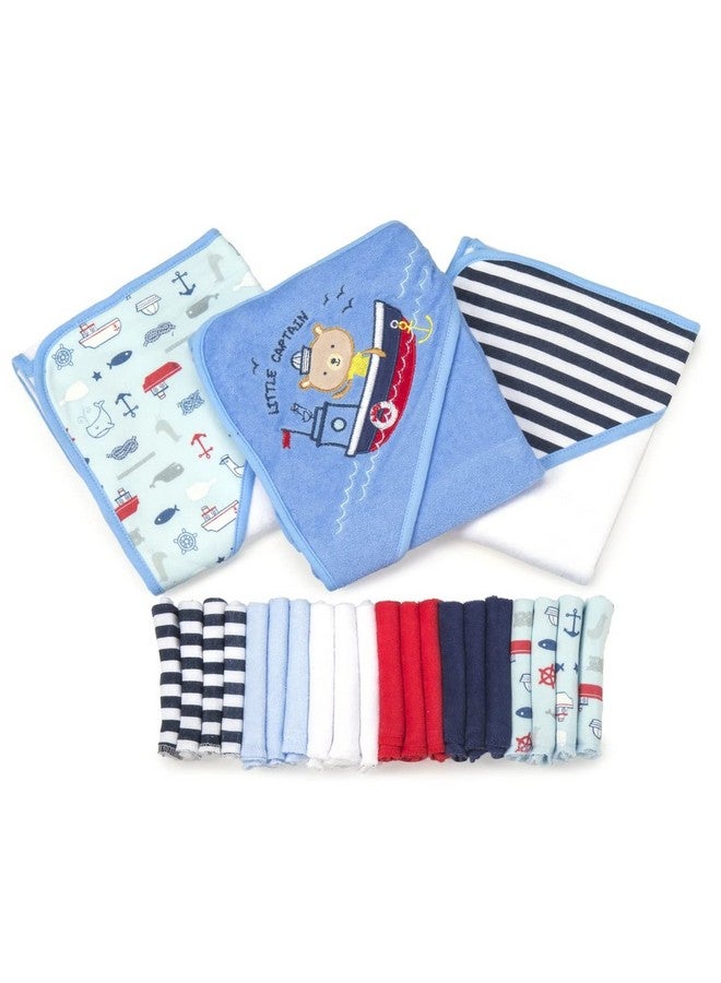 Spasilk Bath Hooded Towels & Washcloths Set for Babies, 23-Piece Gift Set, Navy Nautical, (Gift GBA23 2201) - Image 1