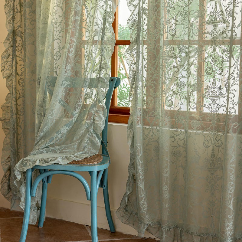 TUDECO Sage Green Lace Curtains 63 Inch Length - CottageCore Sheer Curtains for Bedroom, Cute Floral Frilly Scalloped Edges Light Filtering Rod Pocket Green Drapes 2 Panels, 59 x 63 Inch Sage Green - Image 4