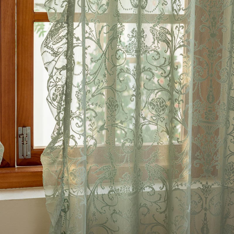 TUDECO Sage Green Lace Curtains 63 Inch Length - CottageCore Sheer Curtains for Bedroom, Cute Floral Frilly Scalloped Edges Light Filtering Rod Pocket Green Drapes 2 Panels, 59 x 63 Inch Sage Green - Image 1