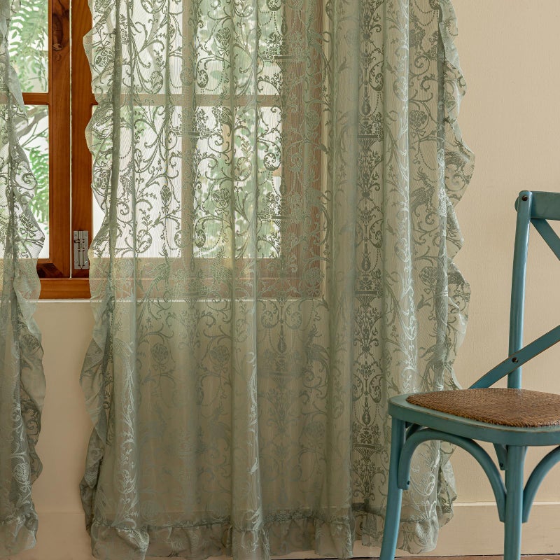 TUDECO Sage Green Lace Curtains 63 Inch Length - CottageCore Sheer Curtains for Bedroom, Cute Floral Frilly Scalloped Edges Light Filtering Rod Pocket Green Drapes 2 Panels, 59 x 63 Inch Sage Green - Image 5