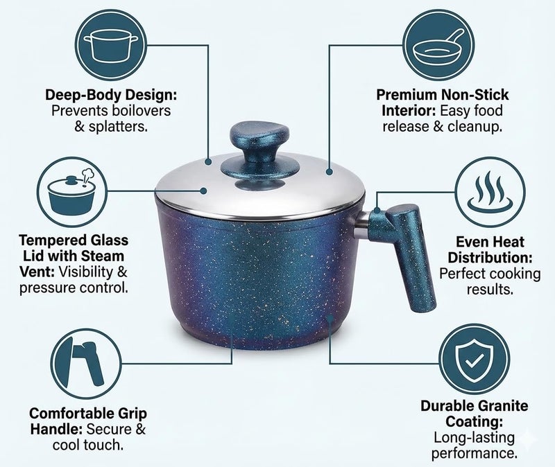 PREMIUM 20cm Granite Milk Pot Deep Non-Stick Saucepan with Glass Lid & Heat-Resistant Handle Multi-Color Induction Safe - Image 3
