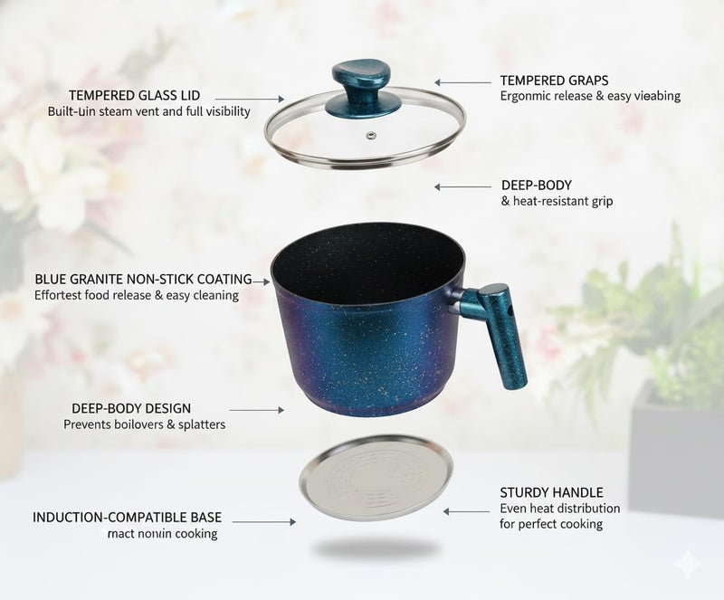 PREMIUM 20cm Granite Milk Pot Deep Non-Stick Saucepan with Glass Lid & Heat-Resistant Handle Multi-Color Induction Safe - Image 5