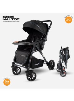 Maltoz - Baby Stroller With 5-Point Harness, Reversible Handle, Adjustable Seat, Large Canopy, One-Click Brake System, 0-4 Years (Up To 20 Kg) - Black